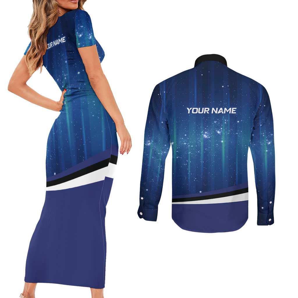 Custom Galaxy Bowling Couples Matching Short Sleeve Bodycon Dress and Long Sleeve Button Shirt with Striking Pins and Ball Design - Wonder Print Shop