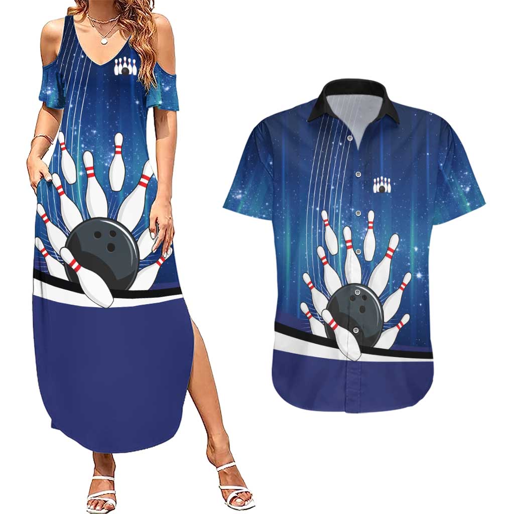 Custom Galaxy Bowling Couples Matching Summer Maxi Dress and Hawaiian Shirt with Striking Pins and Ball Design - Wonder Print Shop