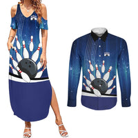 Custom Galaxy Bowling Couples Matching Summer Maxi Dress and Long Sleeve Button Shirt with Striking Pins and Ball Design - Wonder Print Shop