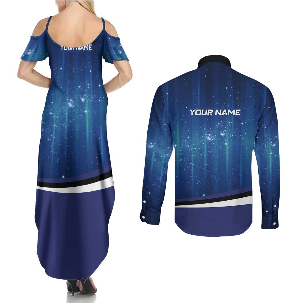 Custom Galaxy Bowling Couples Matching Summer Maxi Dress and Long Sleeve Button Shirt with Striking Pins and Ball Design - Wonder Print Shop