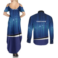 Custom Galaxy Bowling Couples Matching Summer Maxi Dress and Long Sleeve Button Shirt with Striking Pins and Ball Design - Wonder Print Shop
