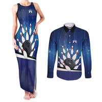 Custom Galaxy Bowling Couples Matching Tank Maxi Dress and Long Sleeve Button Shirt with Striking Pins and Ball Design - Wonder Print Shop
