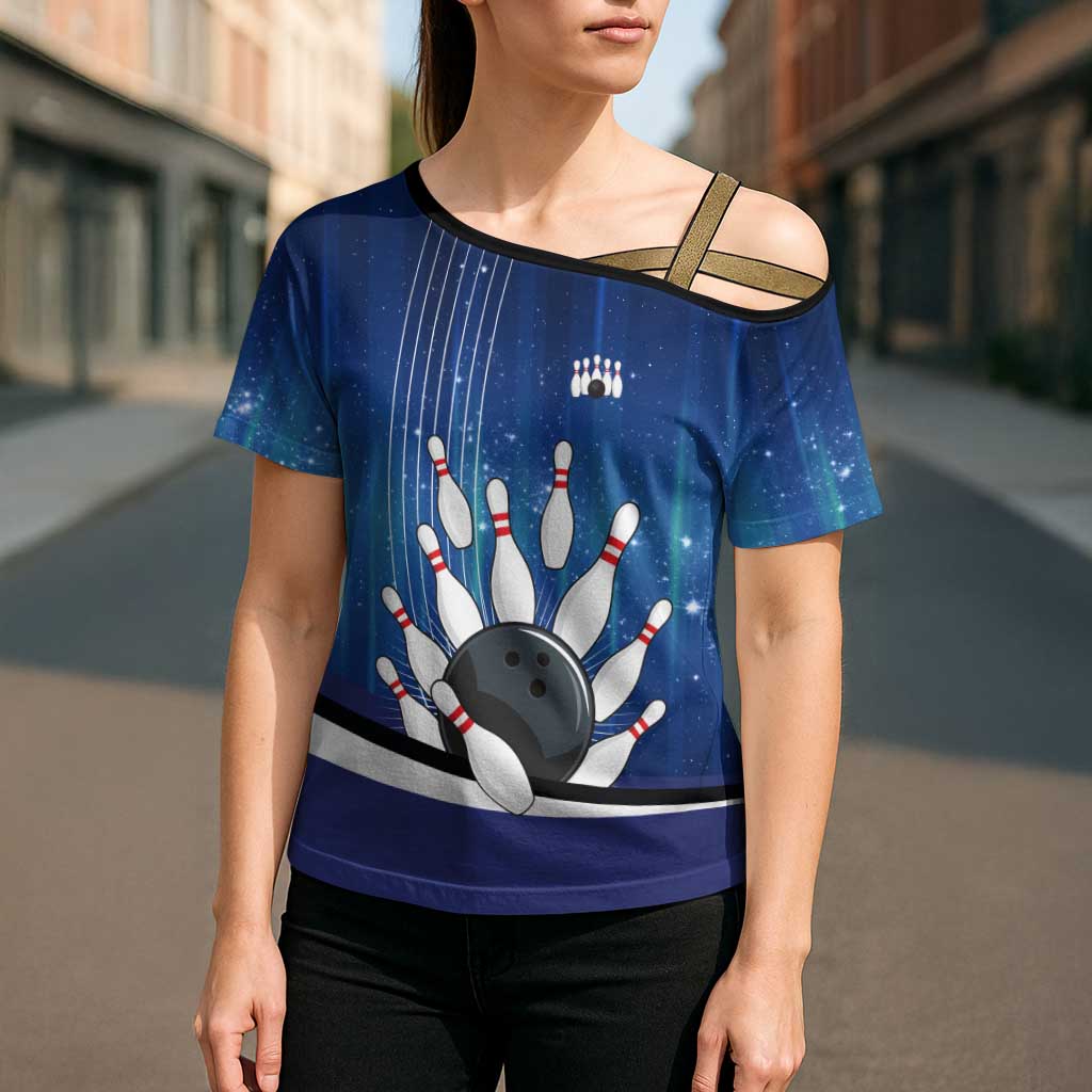 Custom Galaxy Bowling Cross Shoulder Shirt with Striking Pins and Ball Design - Wonder Print Shop