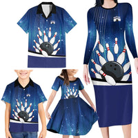 Custom Galaxy Bowling Family Matching Long Sleeve Bodycon Dress and Hawaiian Shirt with Striking Pins and Ball Design - Wonder Print Shop
