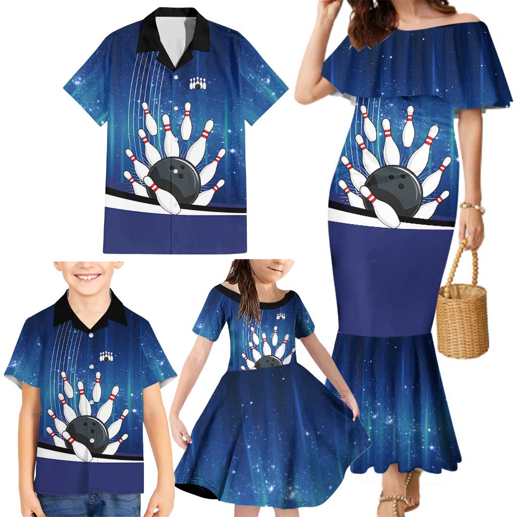 Custom Galaxy Bowling Family Matching Mermaid Dress and Hawaiian Shirt with Striking Pins and Ball Design - Wonder Print Shop