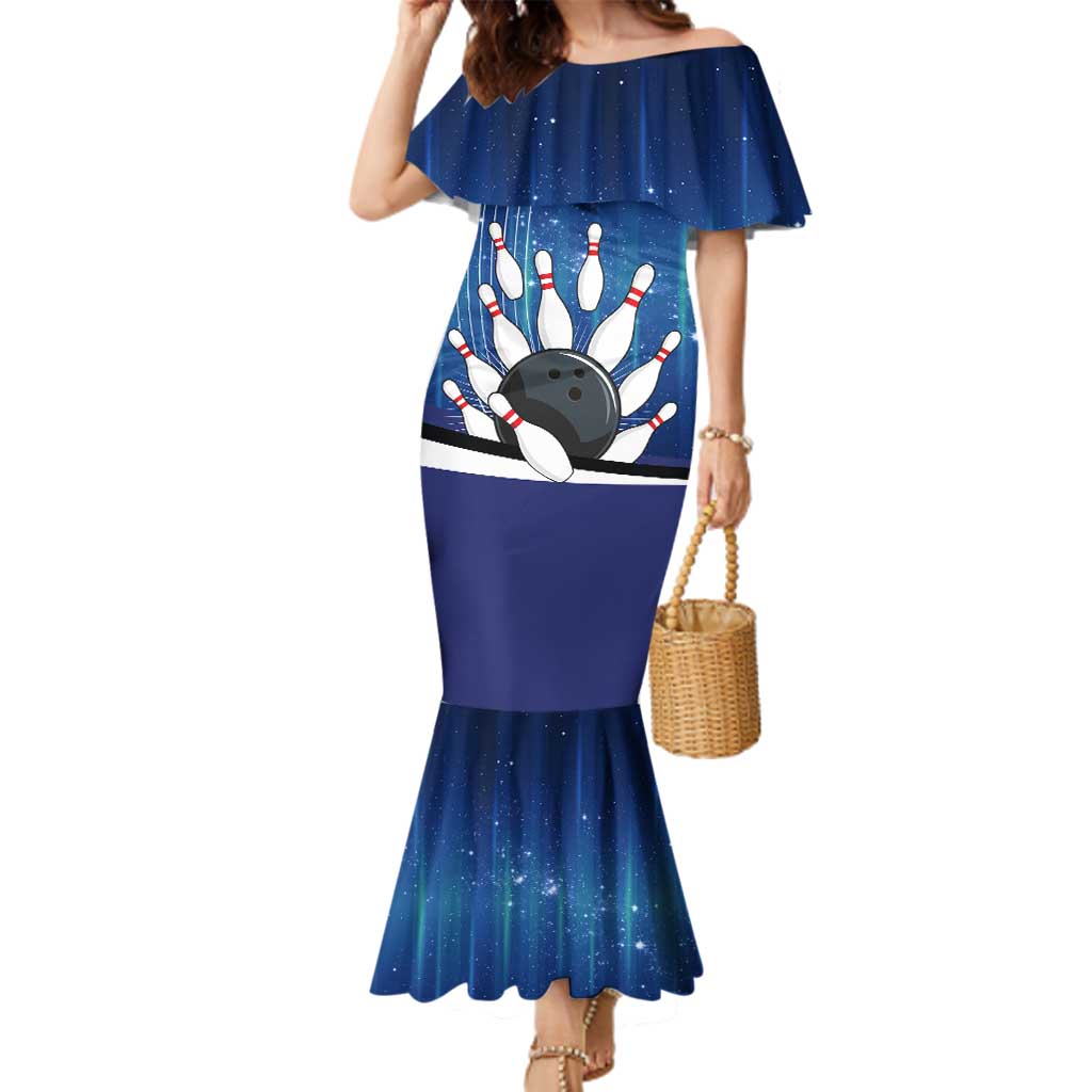 Custom Galaxy Bowling Family Matching Mermaid Dress and Hawaiian Shirt with Striking Pins and Ball Design - Wonder Print Shop