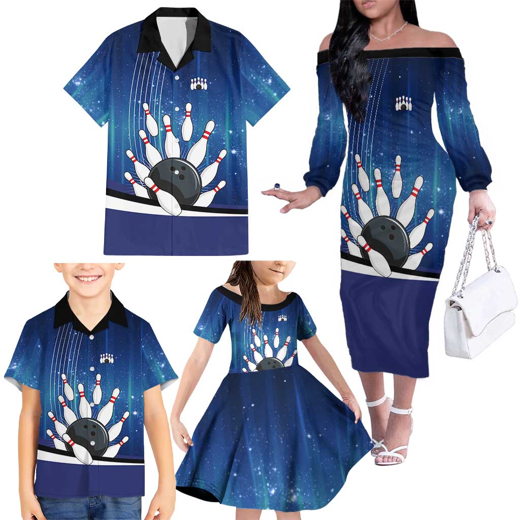 Custom Galaxy Bowling Family Matching Off The Shoulder Long Sleeve Dress and Hawaiian Shirt with Striking Pins and Ball Design - Wonder Print Shop