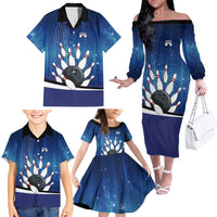 Custom Galaxy Bowling Family Matching Off The Shoulder Long Sleeve Dress and Hawaiian Shirt with Striking Pins and Ball Design - Wonder Print Shop