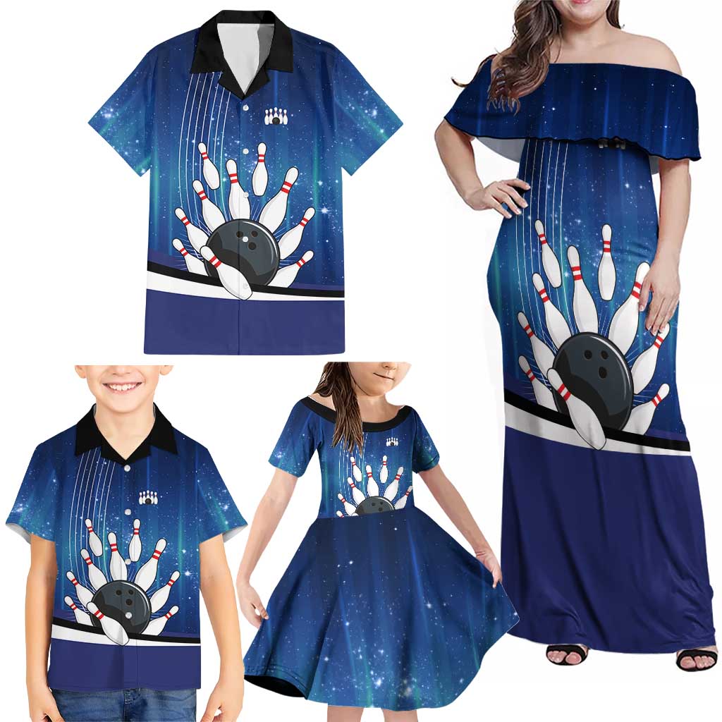 Custom Galaxy Bowling Family Matching Off Shoulder Maxi Dress and Hawaiian Shirt with Striking Pins and Ball Design - Wonder Print Shop