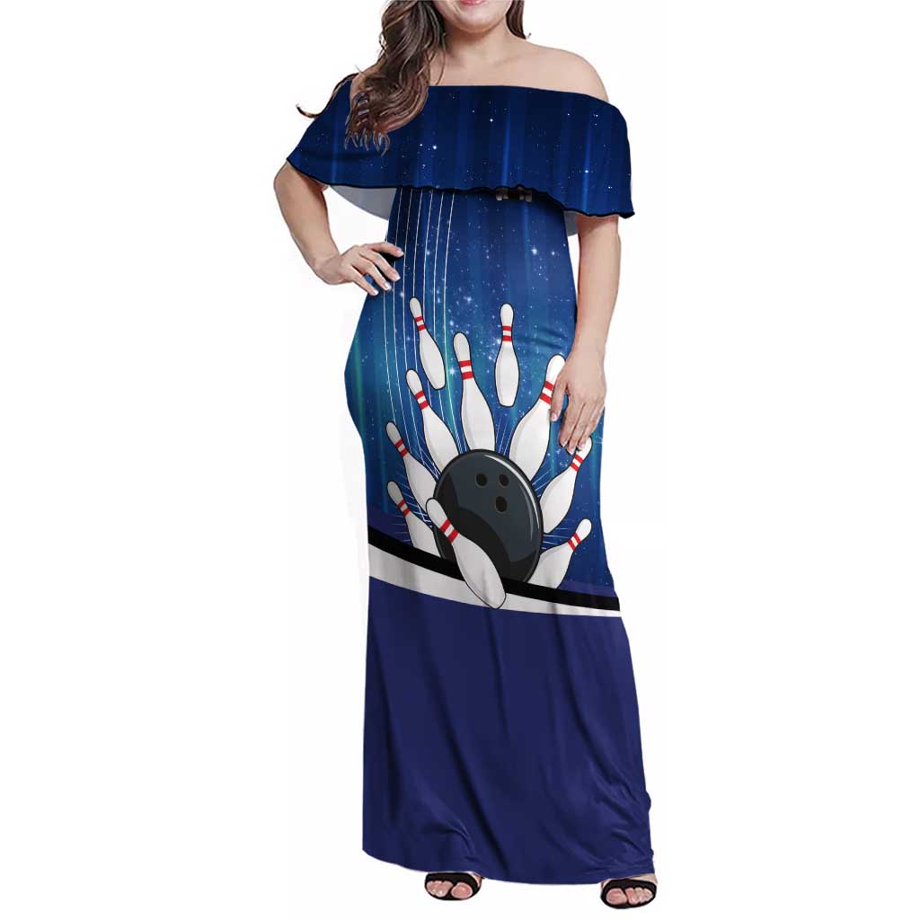 Custom Galaxy Bowling Family Matching Off Shoulder Maxi Dress and Hawaiian Shirt with Striking Pins and Ball Design - Wonder Print Shop