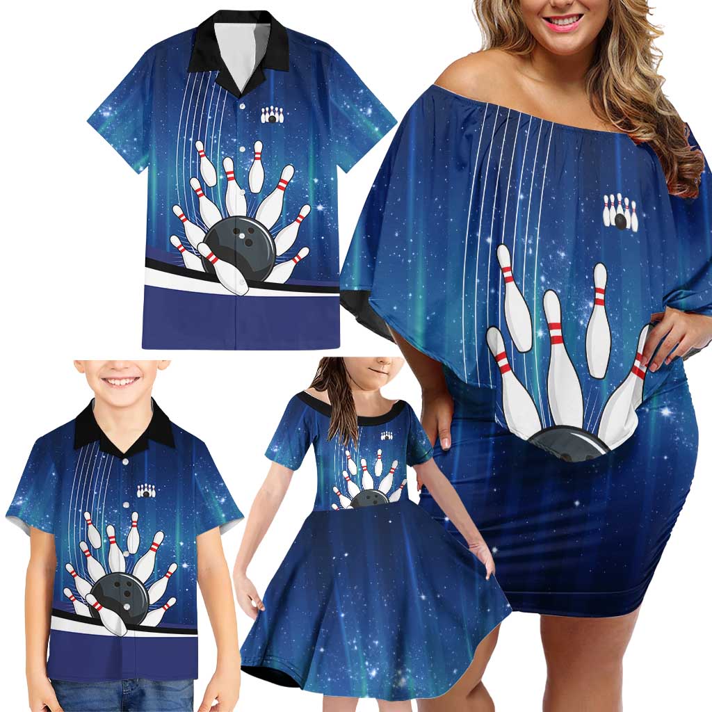 Custom Galaxy Bowling Family Matching Off Shoulder Short Dress and Hawaiian Shirt with Striking Pins and Ball Design - Wonder Print Shop