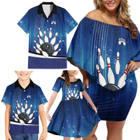 Custom Galaxy Bowling Family Matching Off Shoulder Short Dress and Hawaiian Shirt with Striking Pins and Ball Design - Wonder Print Shop