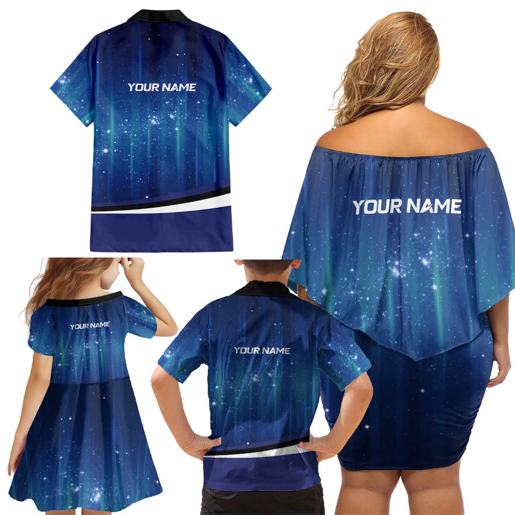Custom Galaxy Bowling Family Matching Off Shoulder Short Dress and Hawaiian Shirt with Striking Pins and Ball Design - Wonder Print Shop