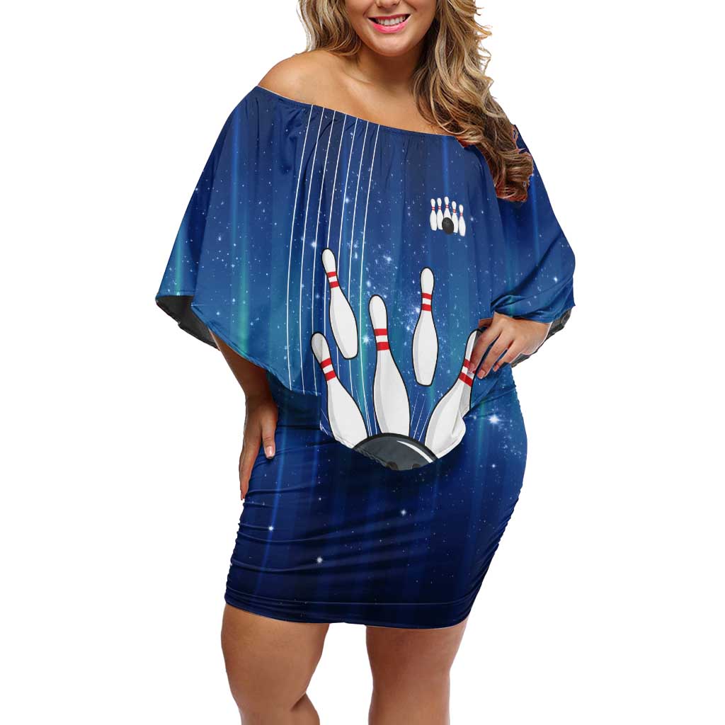 Custom Galaxy Bowling Family Matching Off Shoulder Short Dress and Hawaiian Shirt with Striking Pins and Ball Design - Wonder Print Shop