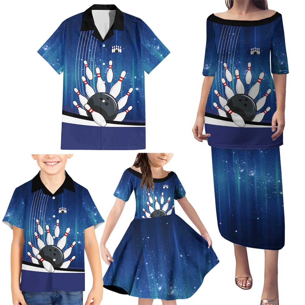 Custom Galaxy Bowling Family Matching Puletasi and Hawaiian Shirt with Striking Pins and Ball Design - Wonder Print Shop