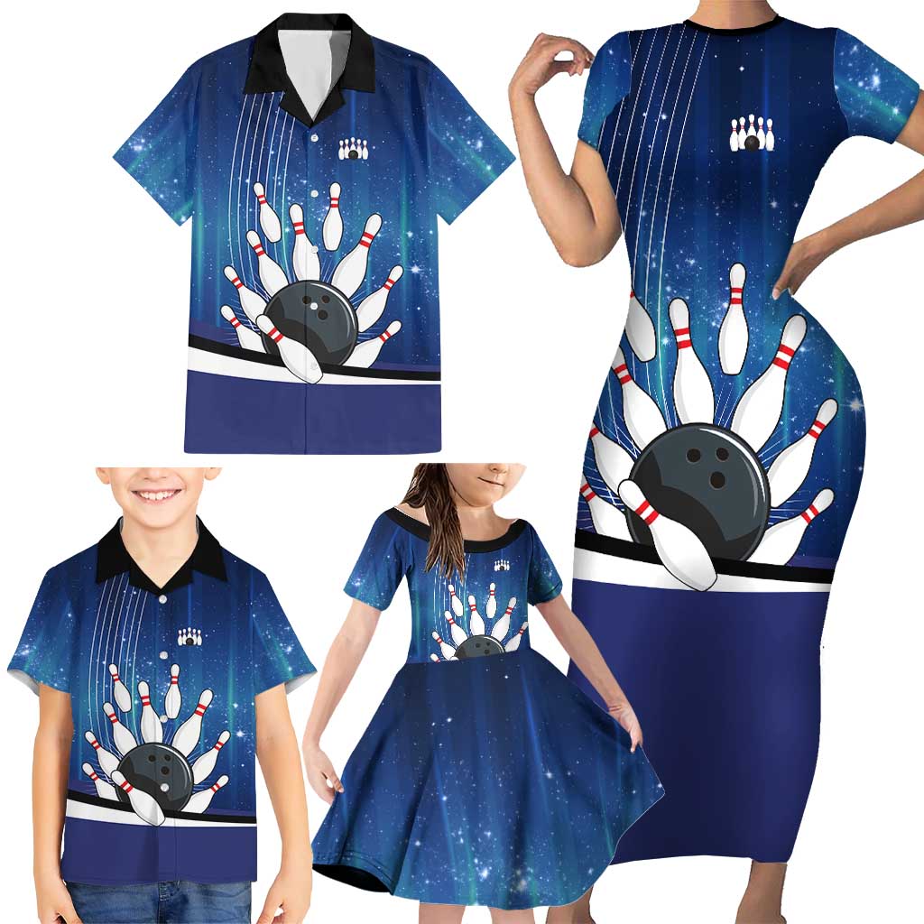 Custom Galaxy Bowling Family Matching Short Sleeve Bodycon Dress and Hawaiian Shirt with Striking Pins and Ball Design - Wonder Print Shop