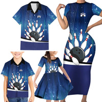Custom Galaxy Bowling Family Matching Short Sleeve Bodycon Dress and Hawaiian Shirt with Striking Pins and Ball Design - Wonder Print Shop