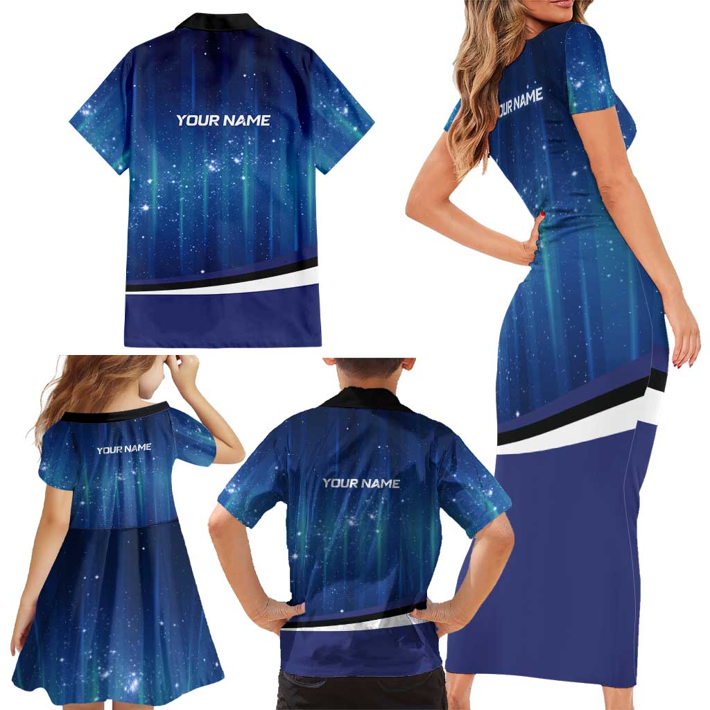 Custom Galaxy Bowling Family Matching Short Sleeve Bodycon Dress and Hawaiian Shirt with Striking Pins and Ball Design - Wonder Print Shop