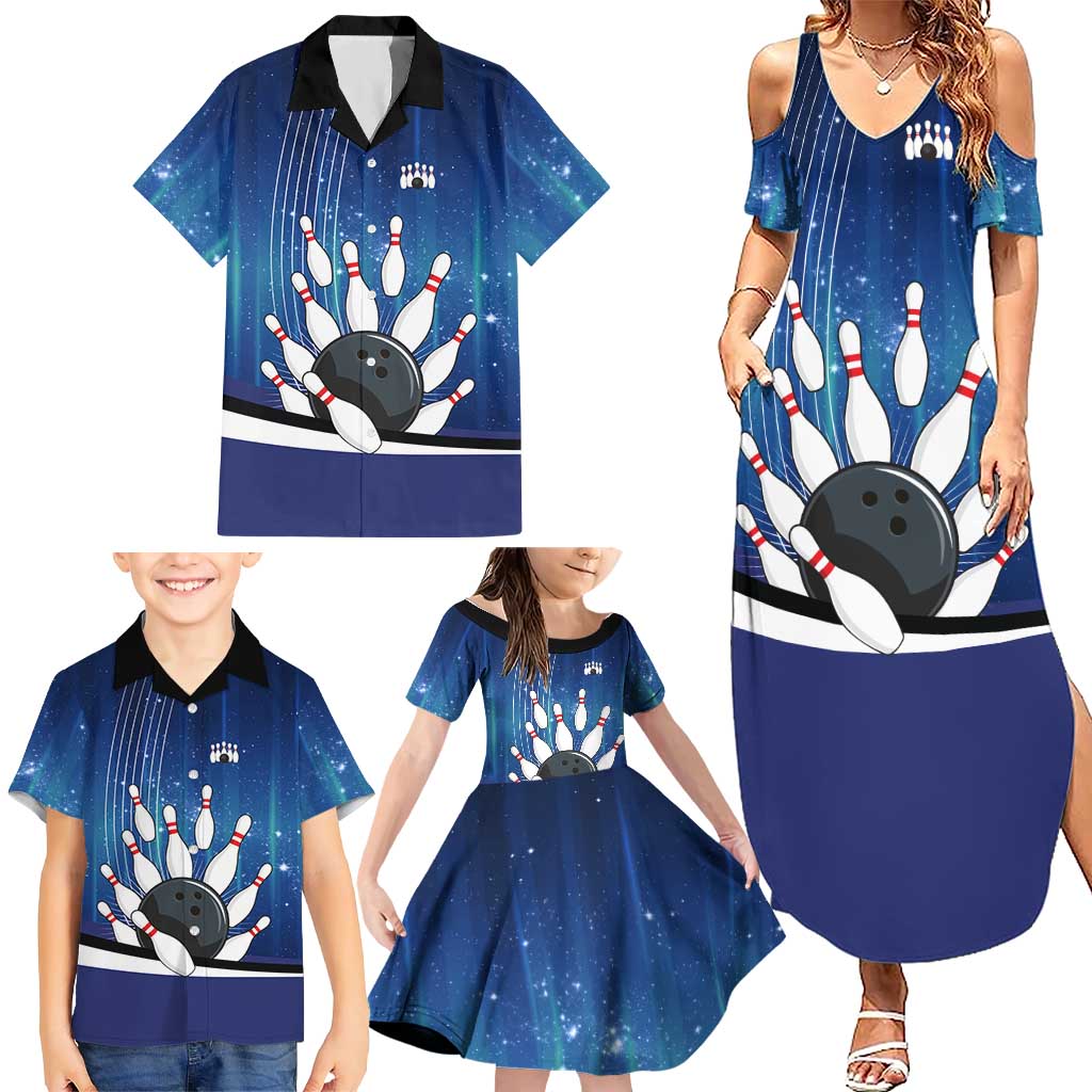 Custom Galaxy Bowling Family Matching Summer Maxi Dress and Hawaiian Shirt with Striking Pins and Ball Design - Wonder Print Shop