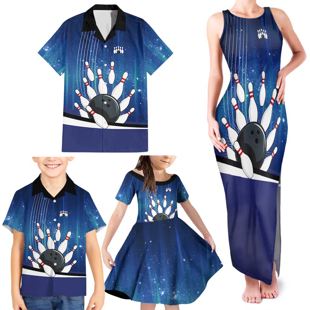 Custom Galaxy Bowling Family Matching Tank Maxi Dress and Hawaiian Shirt with Striking Pins and Ball Design - Wonder Print Shop
