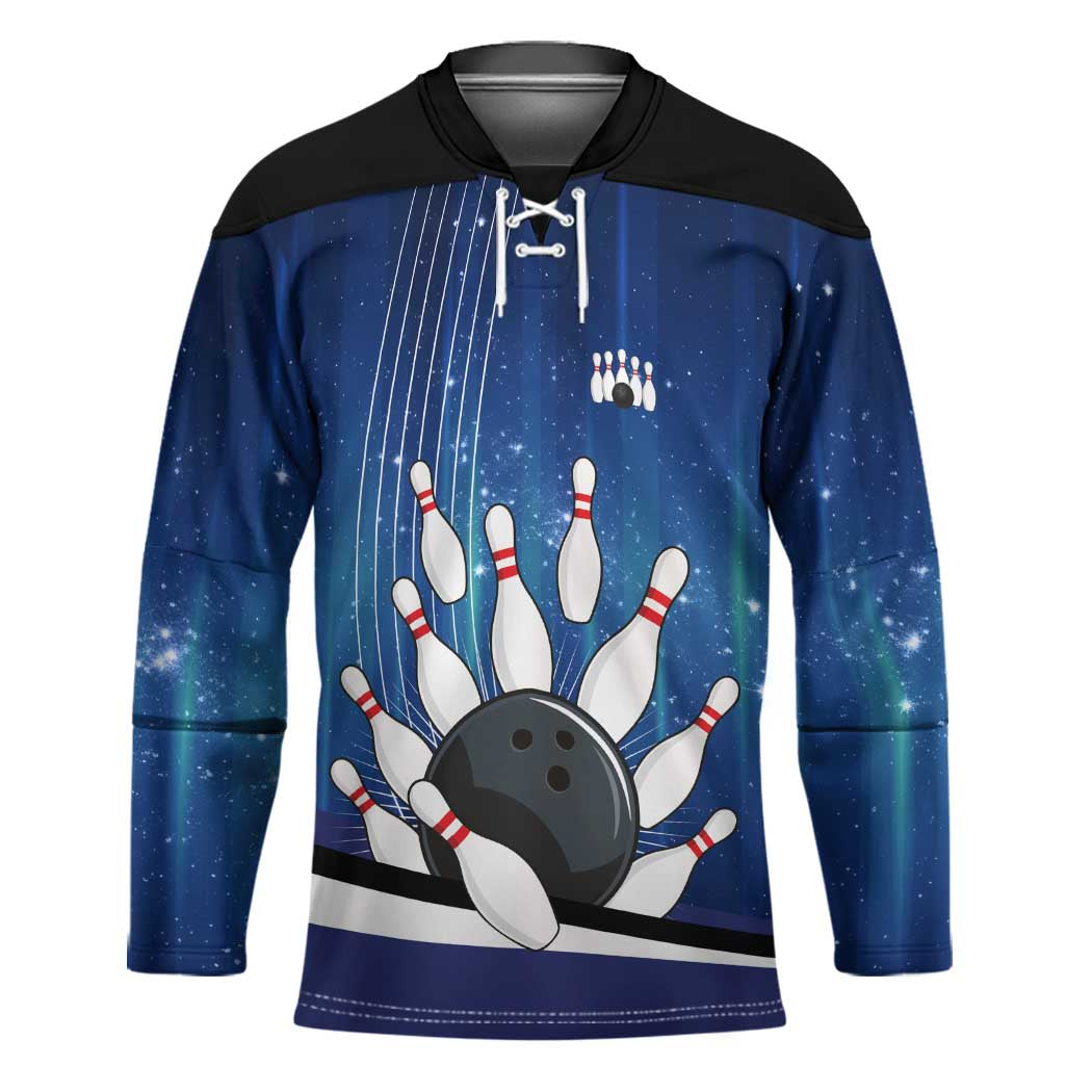 Custom Galaxy Bowling Hockey Jersey with Striking Pins and Ball Design - Wonder Print Shop