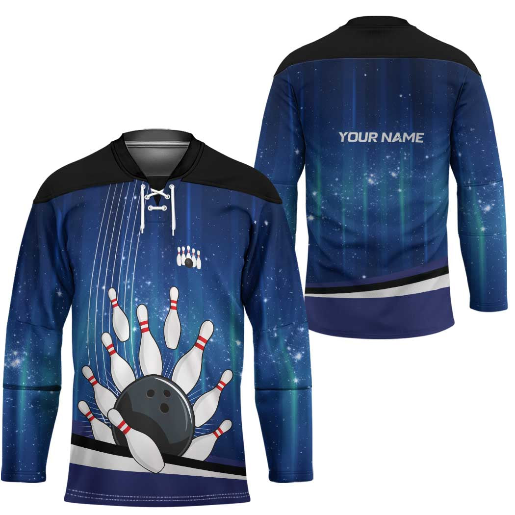 Custom Galaxy Bowling Hockey Jersey with Striking Pins and Ball Design - Wonder Print Shop