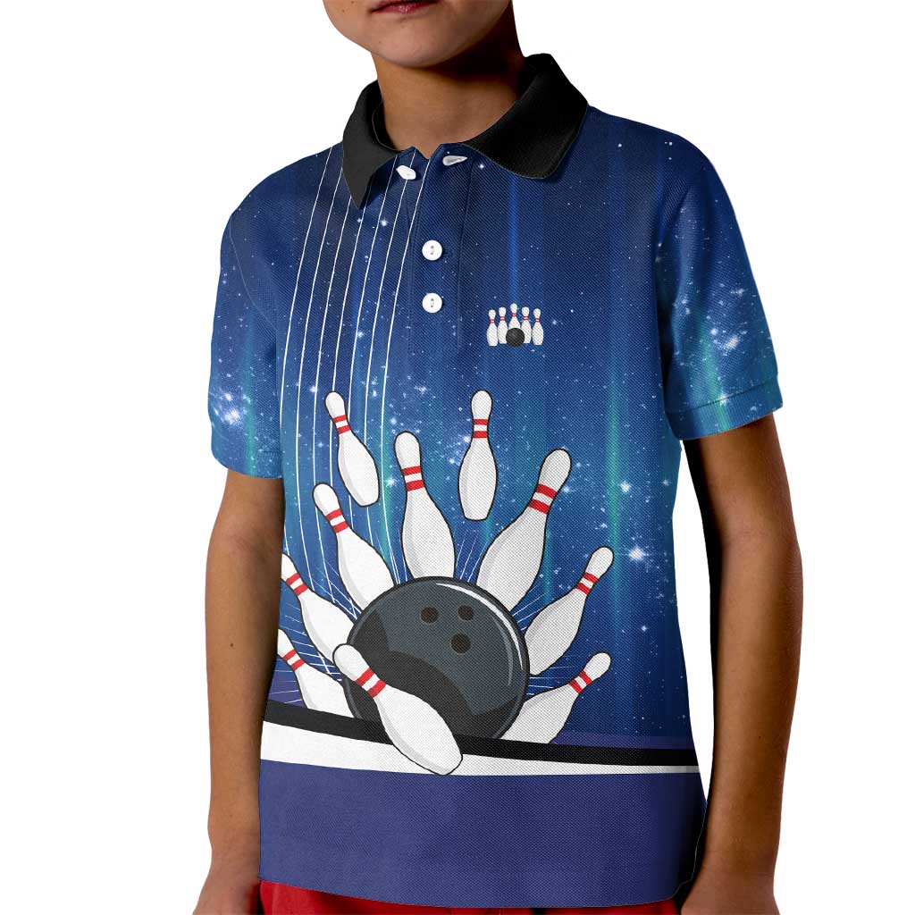 Custom Galaxy Bowling Kid Polo Shirt with Striking Pins and Ball Design - Wonder Print Shop