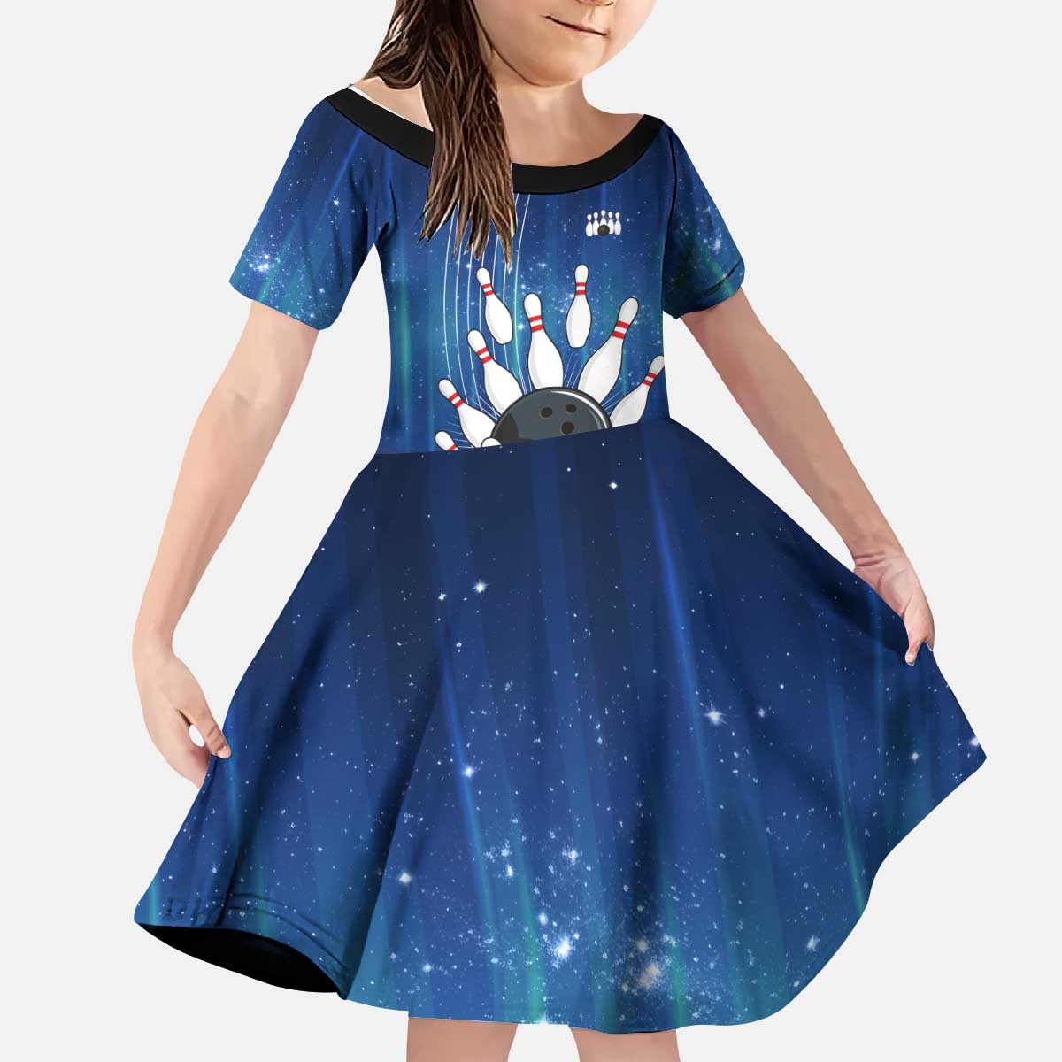Custom Galaxy Bowling Kid Short Sleeve Dress with Striking Pins and Ball Design - Wonder Print Shop