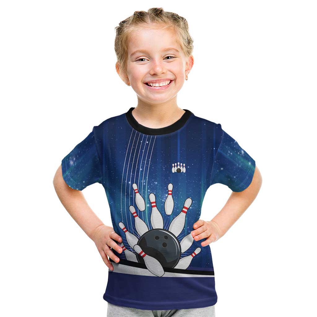 Custom Galaxy Bowling Kid T Shirt with Striking Pins and Ball Design - Wonder Print Shop