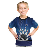 Custom Galaxy Bowling Kid T Shirt with Striking Pins and Ball Design - Wonder Print Shop
