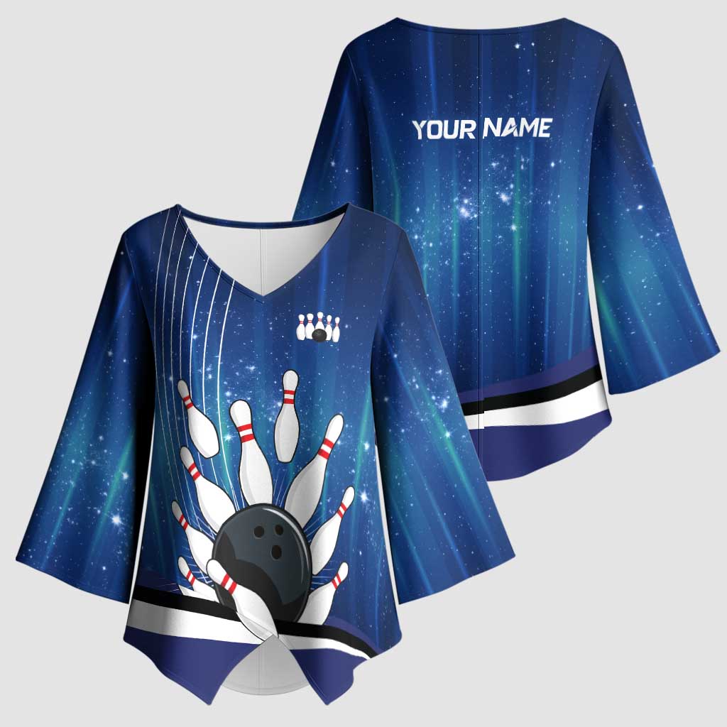 Custom Galaxy Bowling Kimono Sleeve Blouse with Striking Pins and Ball Design - Wonder Print Shop