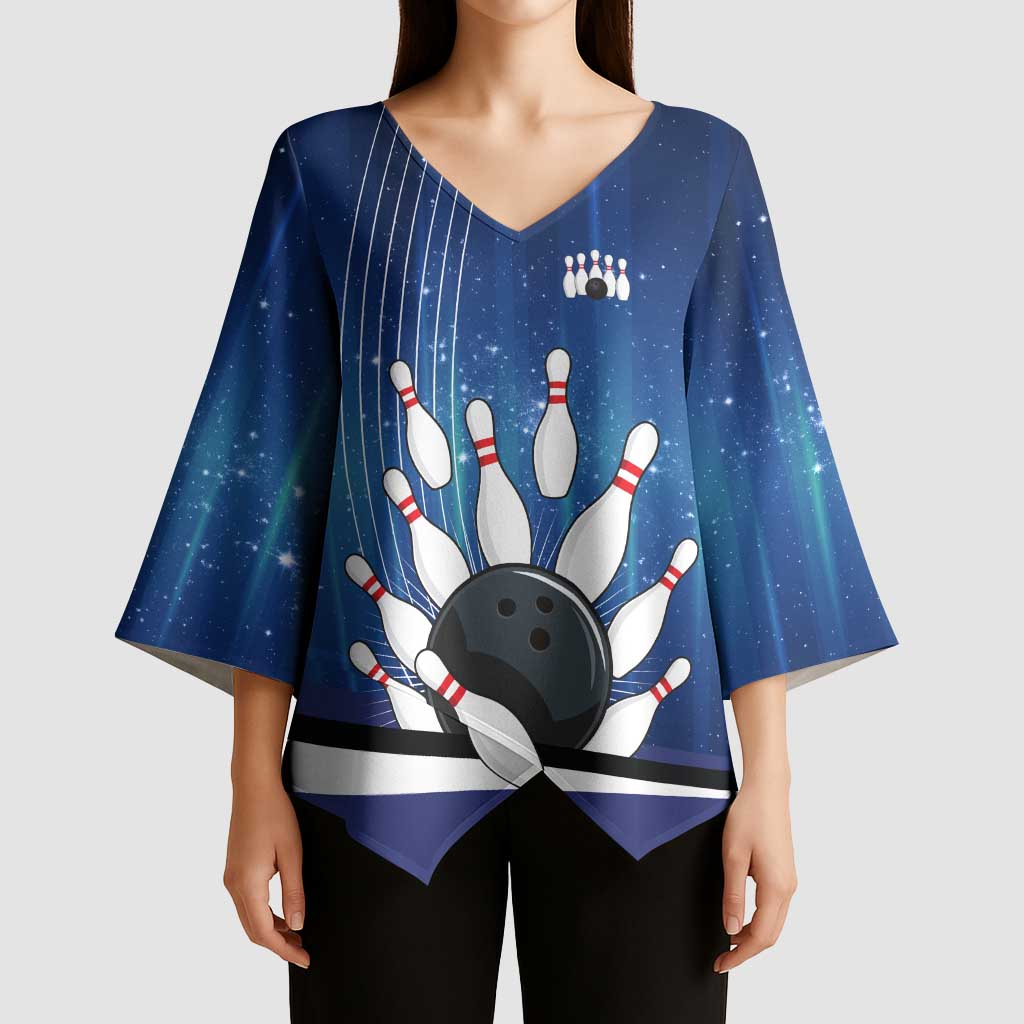 Custom Galaxy Bowling Kimono Sleeve Blouse with Striking Pins and Ball Design - Wonder Print Shop