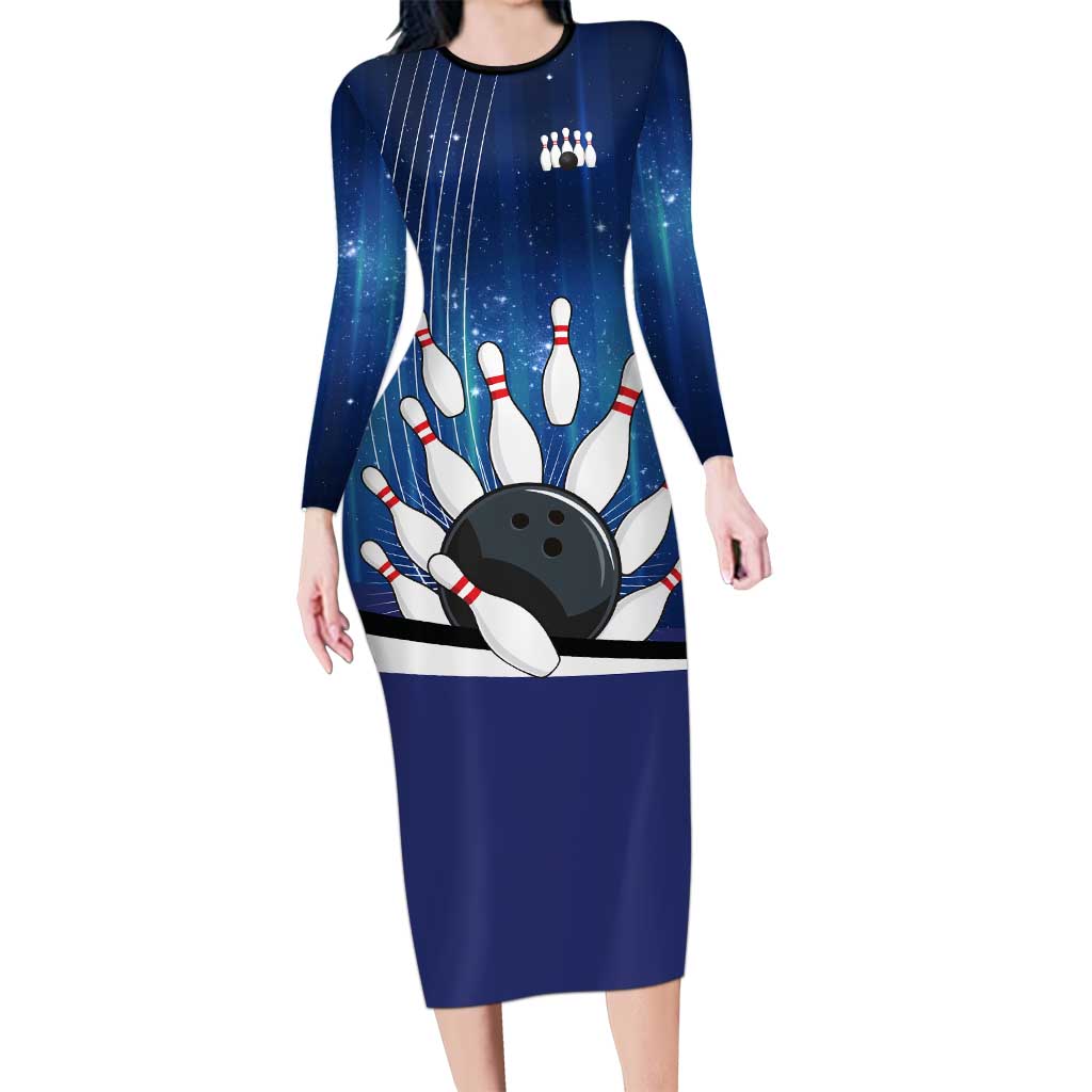 Custom Galaxy Bowling Long Sleeve Bodycon Dress with Striking Pins and Ball Design - Wonder Print Shop