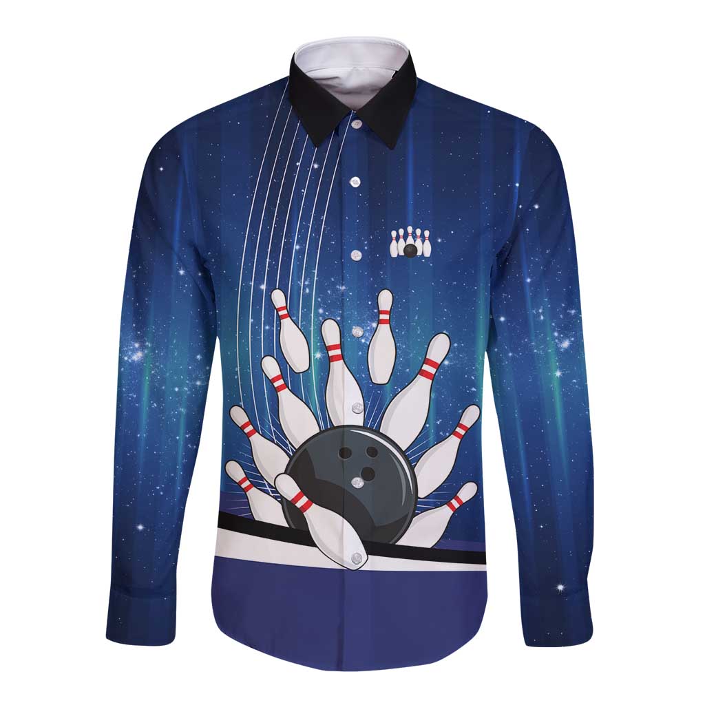 Custom Galaxy Bowling Long Sleeve Button Shirt with Striking Pins and Ball Design - Wonder Print Shop