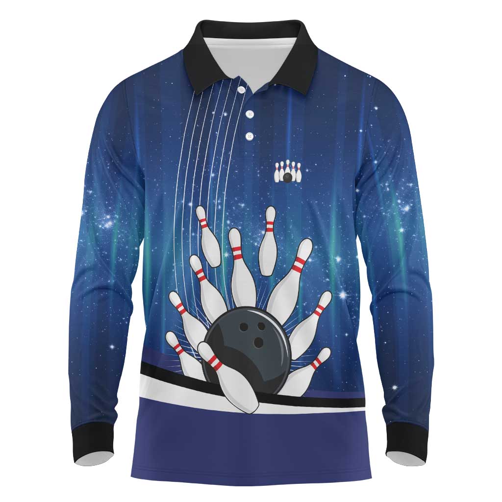 Custom Galaxy Bowling Long Sleeve Polo Shirt with Striking Pins and Ball Design - Wonder Print Shop