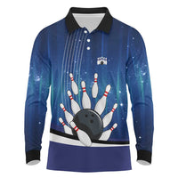 Custom Galaxy Bowling Long Sleeve Polo Shirt with Striking Pins and Ball Design - Wonder Print Shop