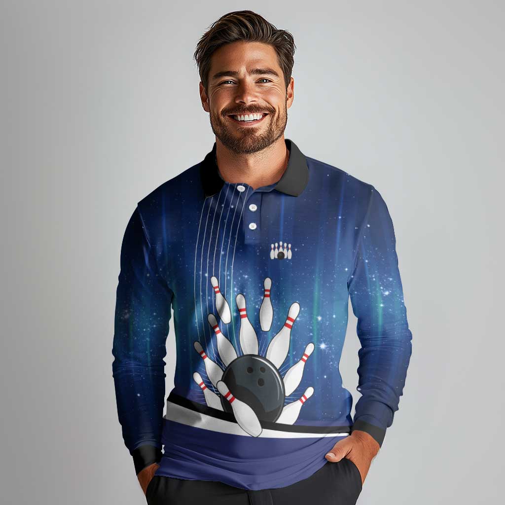 Custom Galaxy Bowling Long Sleeve Polo Shirt with Striking Pins and Ball Design - Wonder Print Shop