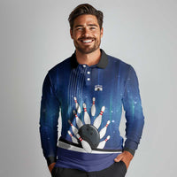 Custom Galaxy Bowling Long Sleeve Polo Shirt with Striking Pins and Ball Design - Wonder Print Shop