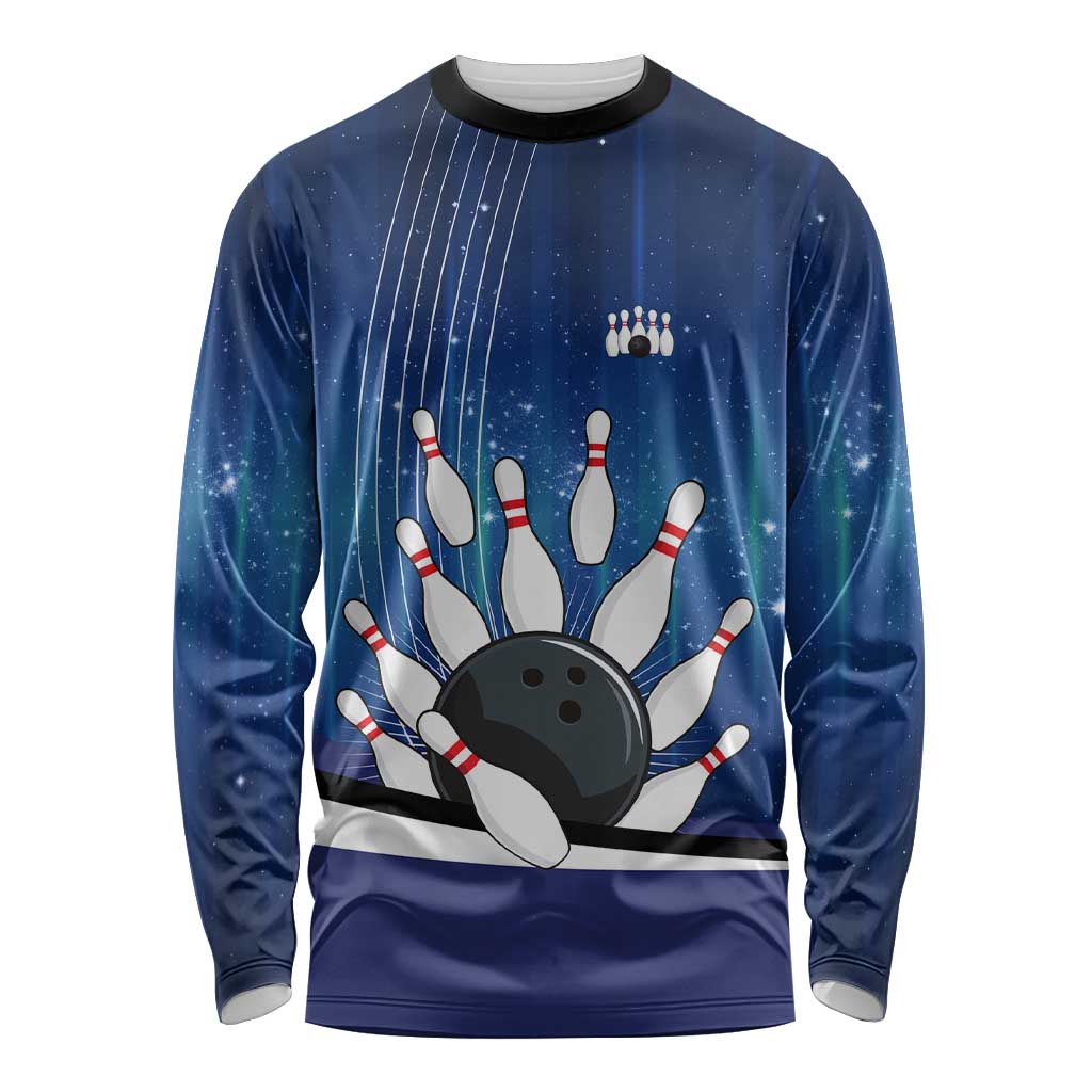 Custom Galaxy Bowling Long Sleeve Shirt with Striking Pins and Ball Design - Wonder Print Shop
