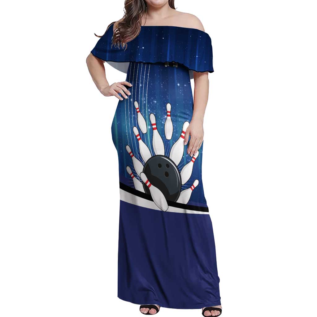 Custom Galaxy Bowling Off Shoulder Maxi Dress with Striking Pins and Ball Design - Wonder Print Shop