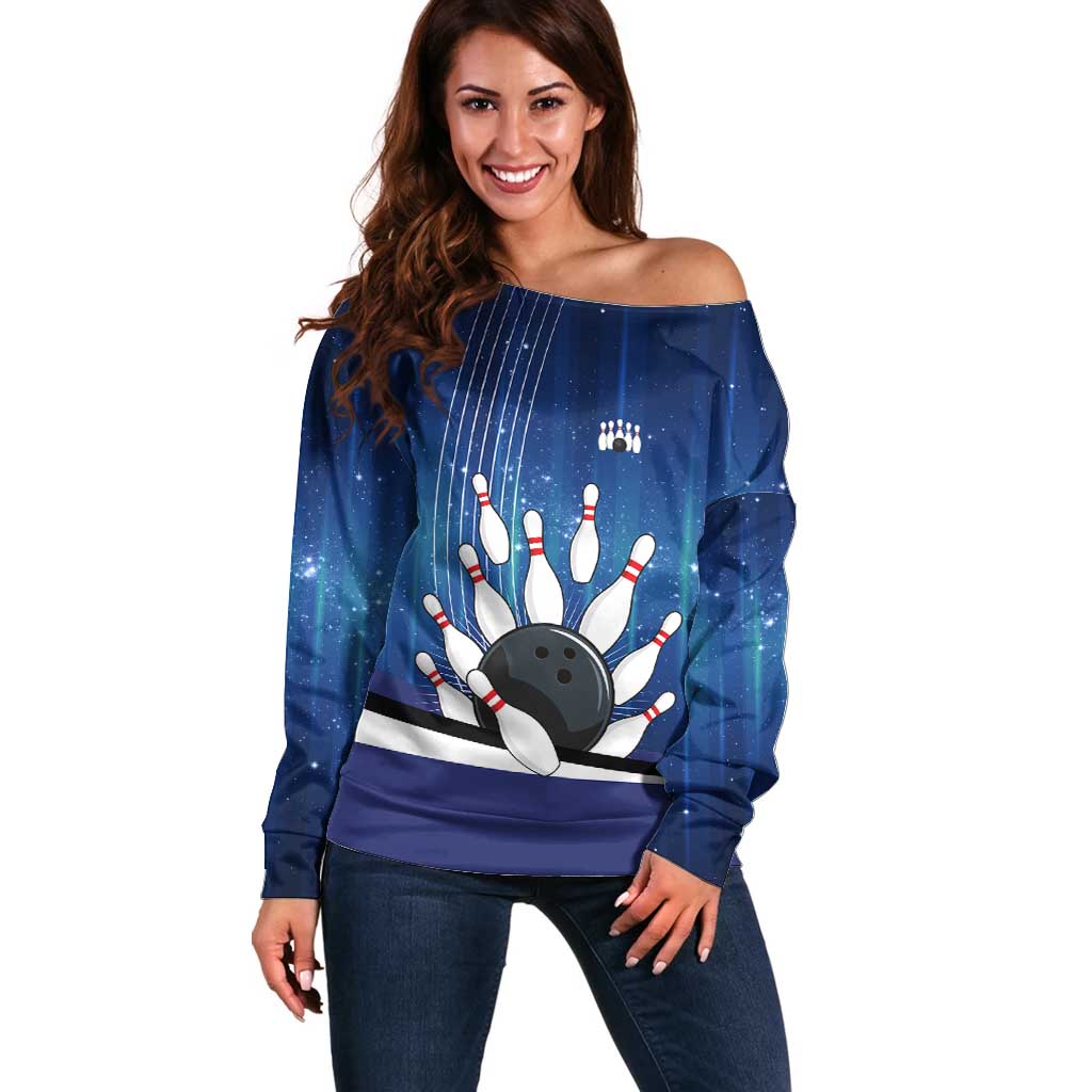 Custom Galaxy Bowling Off Shoulder Sweater with Striking Pins and Ball Design - Wonder Print Shop