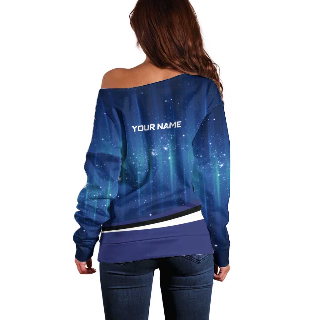 Custom Galaxy Bowling Off Shoulder Sweater with Striking Pins and Ball Design - Wonder Print Shop