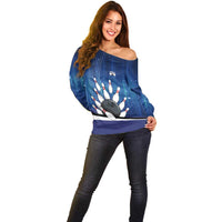 Custom Galaxy Bowling Off Shoulder Sweater with Striking Pins and Ball Design - Wonder Print Shop