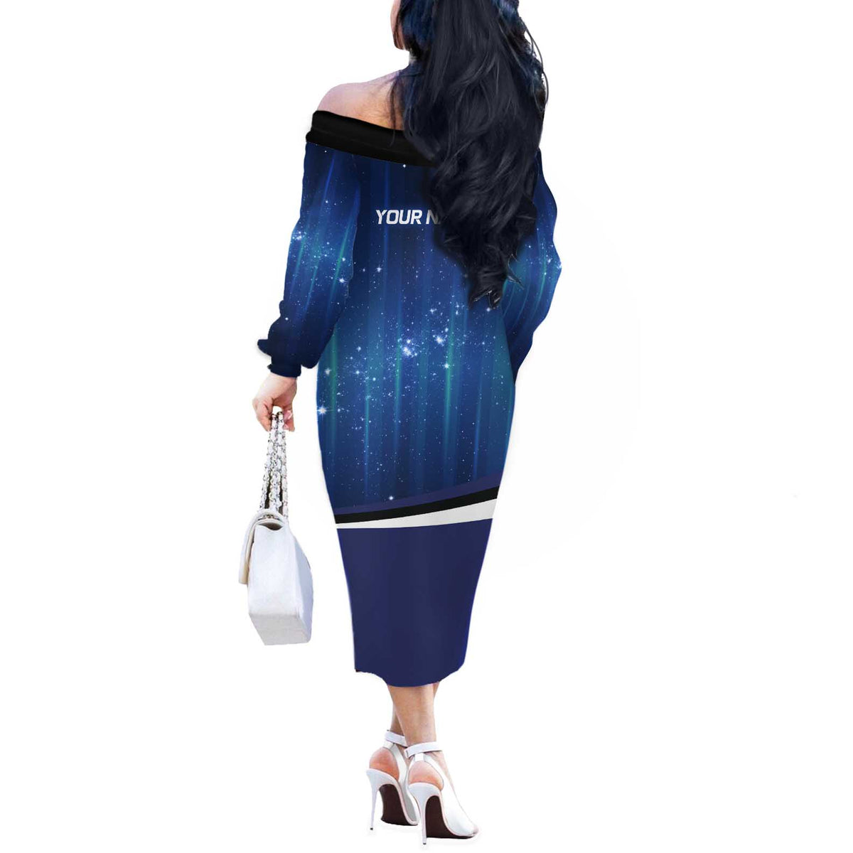 Custom Galaxy Bowling Off The Shoulder Long Sleeve Dress with Striking Pins and Ball Design - Wonder Print Shop