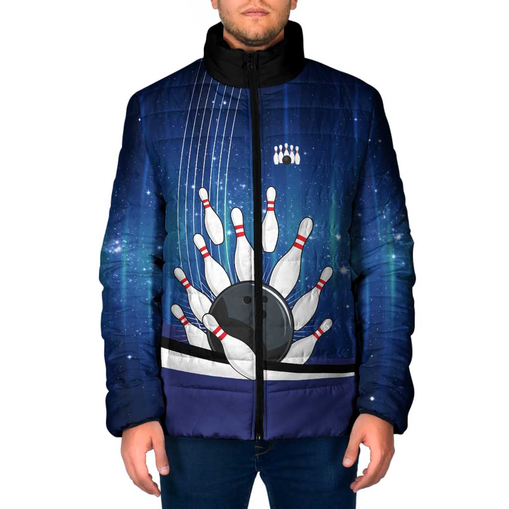 Custom Galaxy Bowling Padded Jacket with Striking Pins and Ball Design - Wonder Print Shop