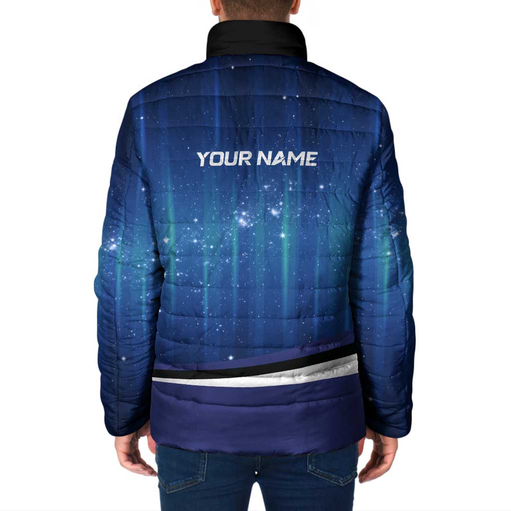 Custom Galaxy Bowling Padded Jacket with Striking Pins and Ball Design - Wonder Print Shop