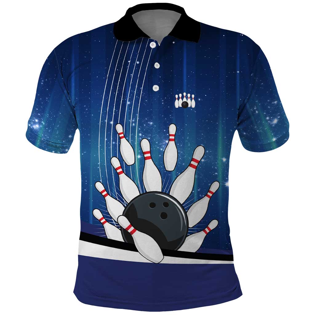 Custom Galaxy Bowling Polo Shirt with Striking Pins and Ball Design - Wonder Print Shop