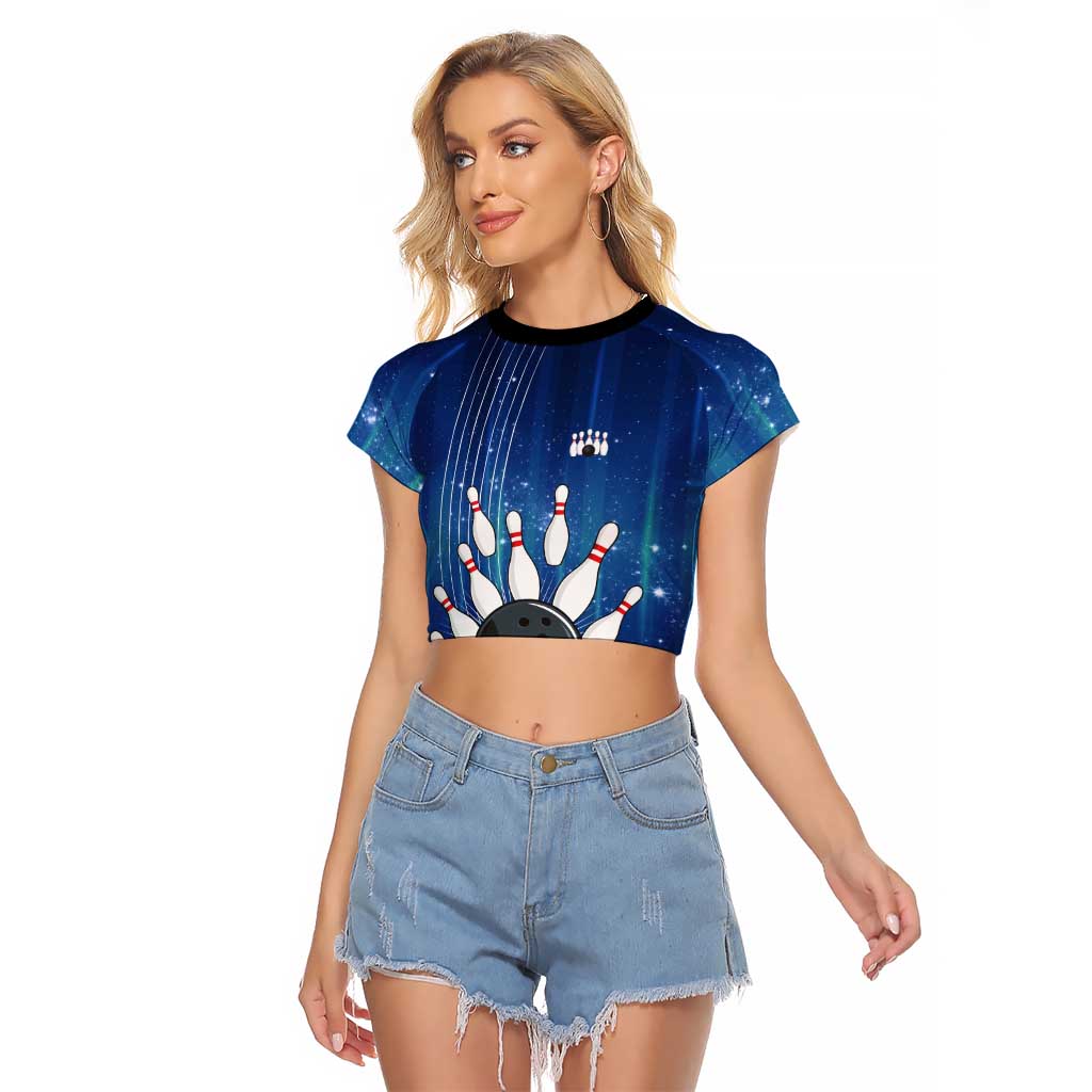 Custom Galaxy Bowling Raglan Cropped T Shirt with Striking Pins and Ball Design - Wonder Print Shop