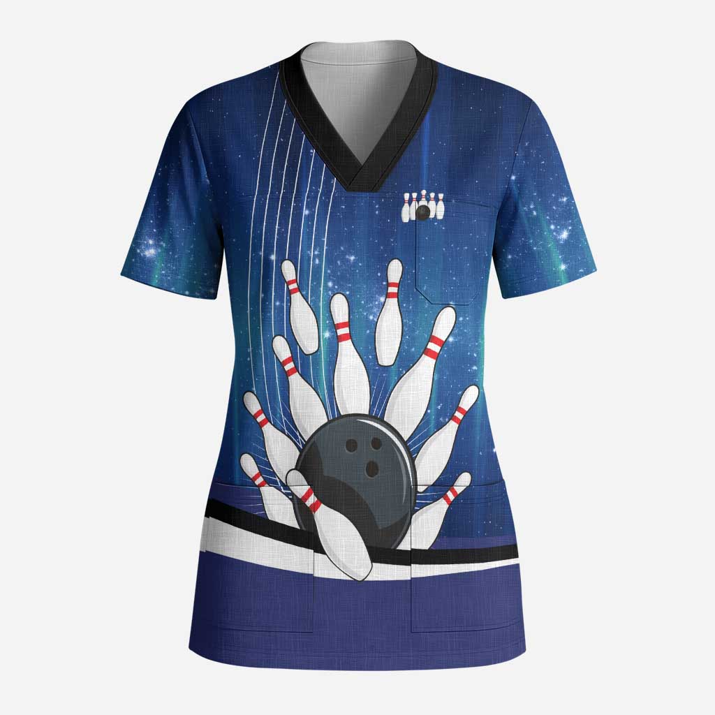 Custom Galaxy Bowling Scrub Top with Striking Pins and Ball Design - Wonder Print Shop