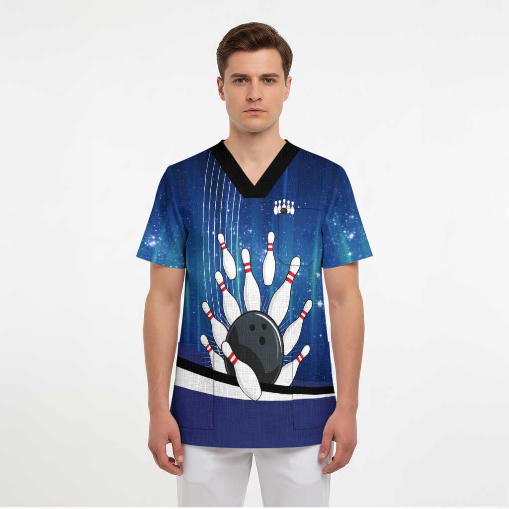 Custom Galaxy Bowling Scrub Top with Striking Pins and Ball Design - Wonder Print Shop